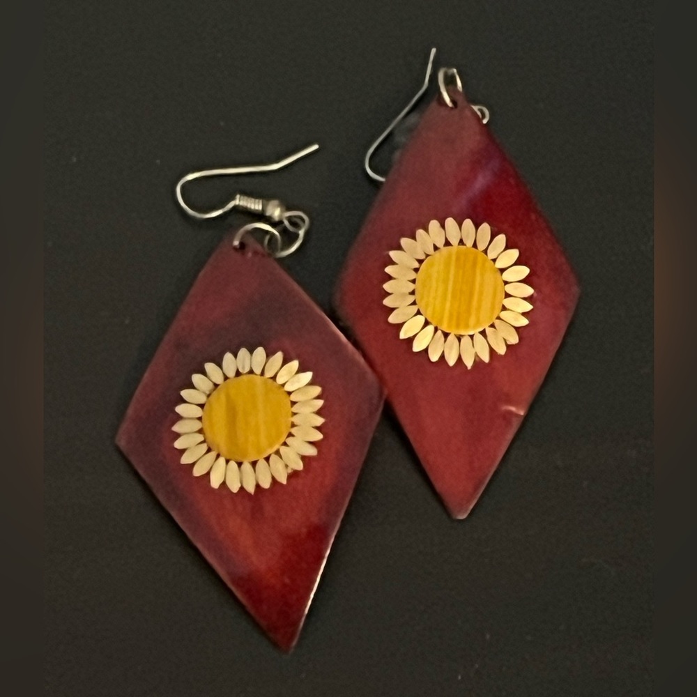 Dangle earrings- Mahogany/red/burgudy wood with white and yellow flower pattern